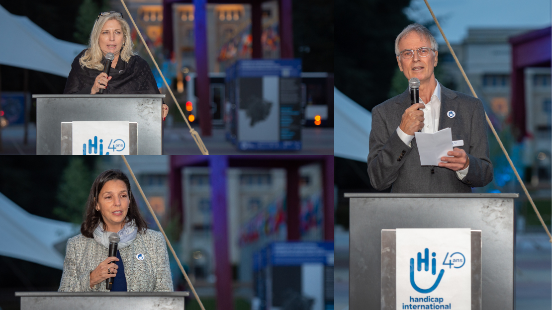  Discours le 23 septembre 2022, de Nathalie Fontanet, Conseillère d’État de la République et canton de Genève, Carolyne Mélanie Régimbal, Secrétaire générale adjointe de la Conférence du désarmement des Nations unies, et Paul Vermeulen, premier directeur de Handicap International Suisse et initiateur de Broken Chair.