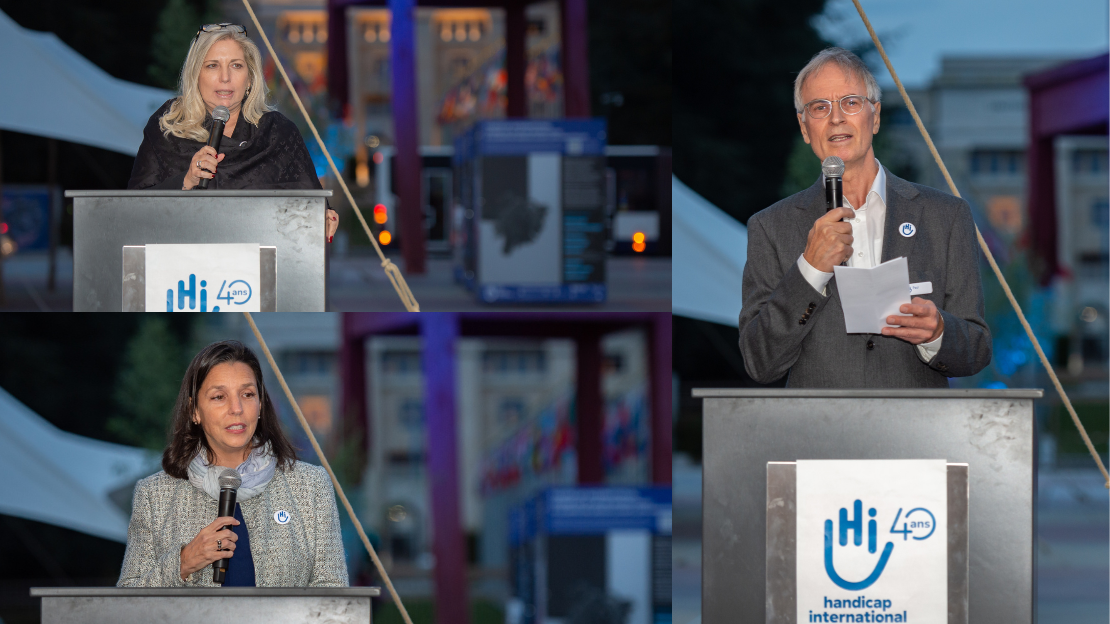 Nathalie Fontanet, Staatsrätin der Republik und des Kantons Genf, Carolyne-Mélanie Régimbal, stellvertretende Generalsekretärin der Abrüstungskonferenz der Vereinten Nationen, und Paul Vermeulen, erster Direktor von Handicap International Schweiz und Initiator von Broken Chair zu Wort gemeldet.