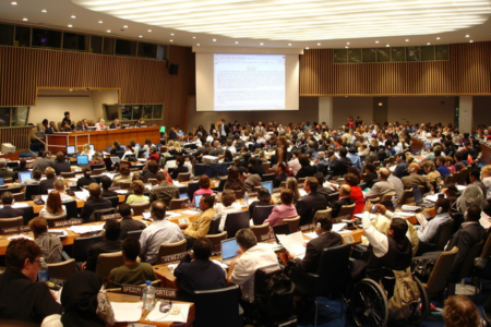Vue de l'ensemble des personnes participant à l'élaboration de la Convention internationale relative aux droits des personnes handicapées. 